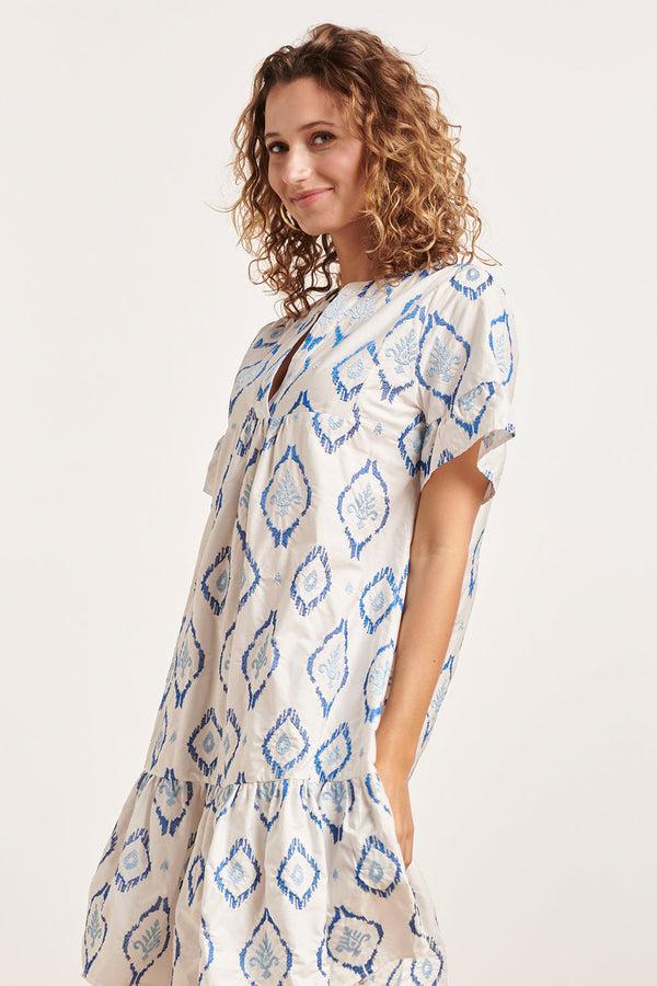 Smashed Lemon 24339 Katoenen Geborduurde Fashion Jurk | White-Blue