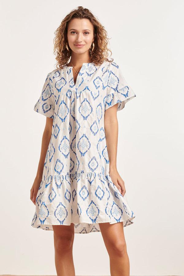 smashed lemon 24339 Katoenen Geborduurde Fashion Jurk | White-Blue