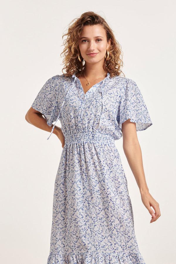 Smashed Lemon 24344 Ditsy Bloemen Midi Jurk | Blue-White