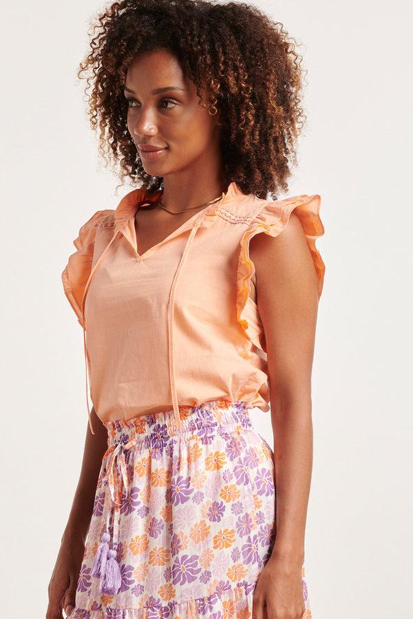 Smashed Lemon 24352 Zachte Perzike Top Met Dubbele Ruchesmouwen | Orange