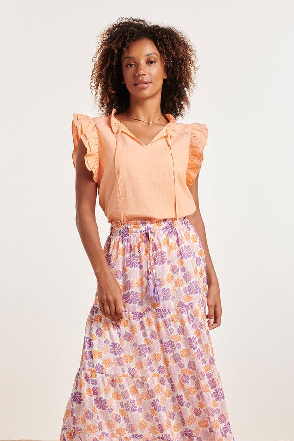 smashed lemon 24352 Zachte Perzike Top Met Dubbele Ruchesmouwen | Orange