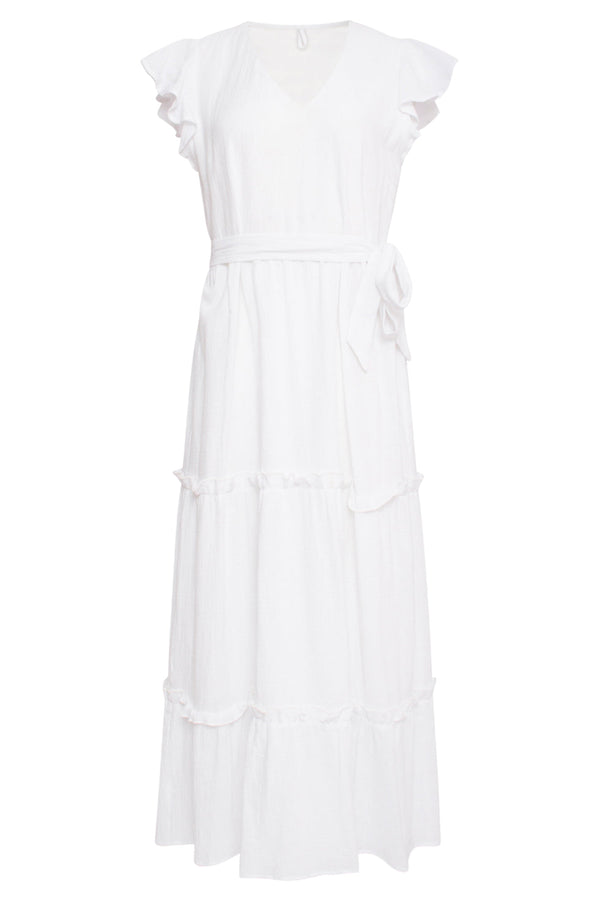 Smashed Lemon 24358 Dames Te Maxi Jurk Met Korte Ruffle Mouwen | White