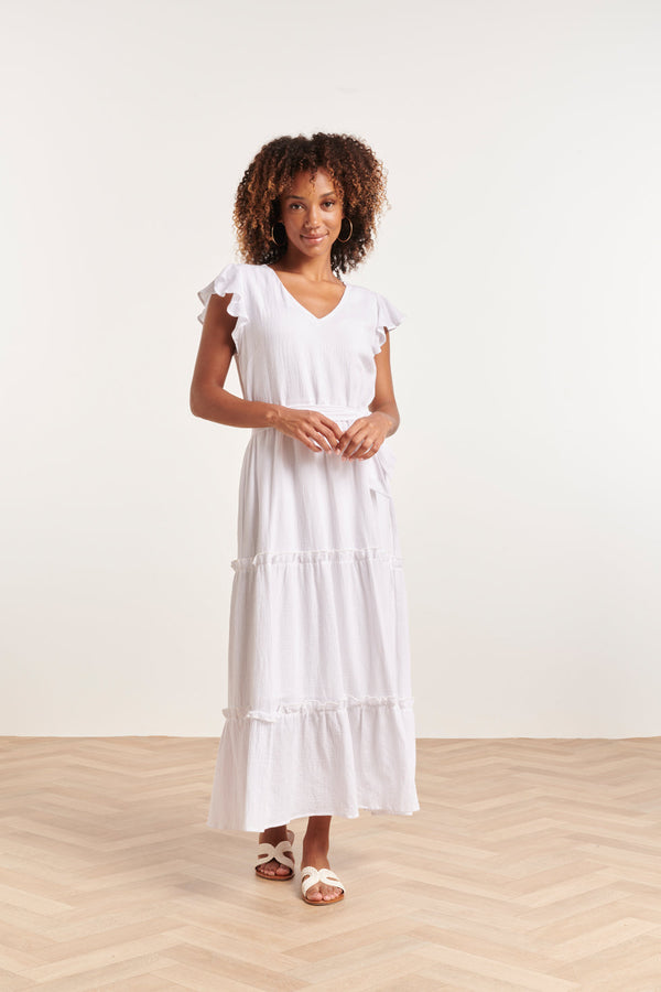 Smashed Lemon 24358 Dames Te Maxi Jurk Met Korte Ruffle Mouwen | White