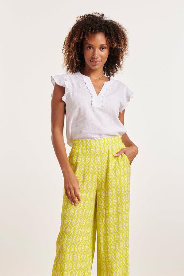 Smashed Lemon 24359 Dames Korte Ruffle Mouw Te Top | White