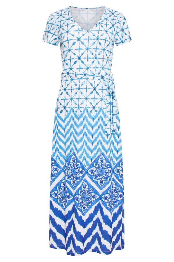 Smashed Lemon 24360 Dames Maxi Te Jurk Met Ornamentaal Print | Off White-Blue
