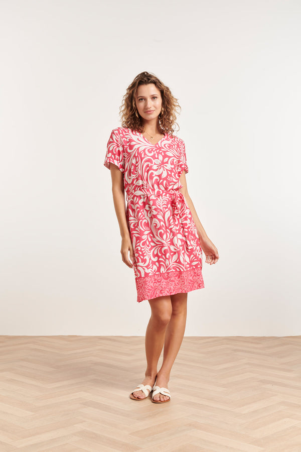 Smashed Lemon 24367 Dames Korte Fuchsia Jurk Met Te Bloemenprint | Pink-White