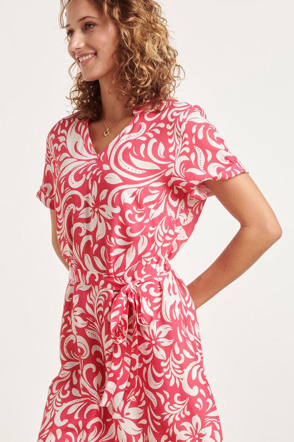 Smashed Lemon 24367 Dames Korte Fuchsia Jurk Met Te Bloemenprint | Pink-White