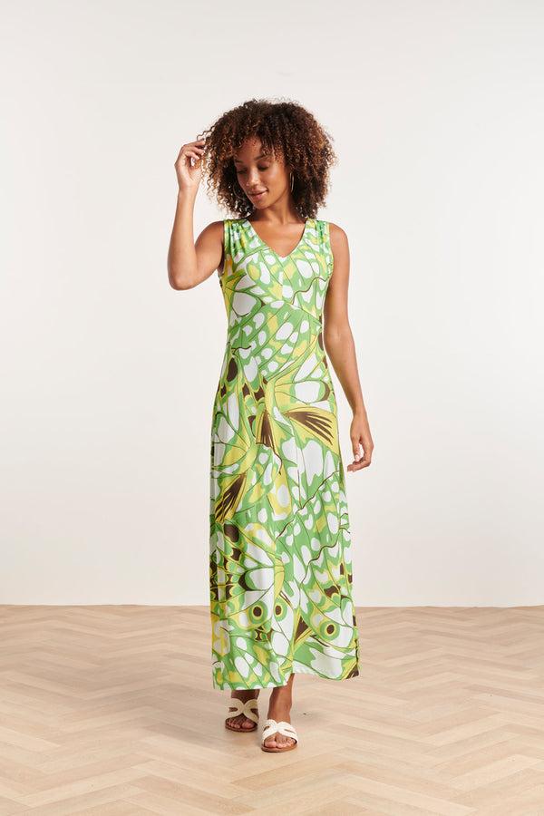 Smashed Lemon 24368 Dames Maxi Jurk Met Allover Vlinder Print | Green-Multicolour