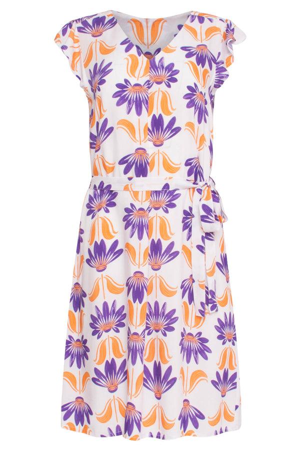 Smashed Lemon 24369 Dames Korte Te Jurk Met Ruchesallover Bloemenprintpaars | Off-White-Multicolour