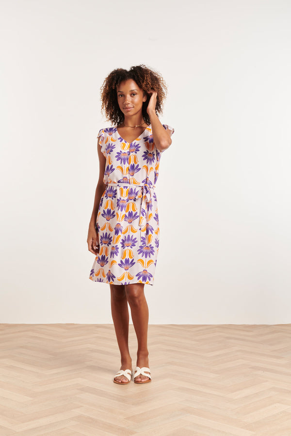 Smashed Lemon 24369 Dames Korte Te Jurk Met Ruchesallover Bloemenprintpaars | Off-White-Multicolour