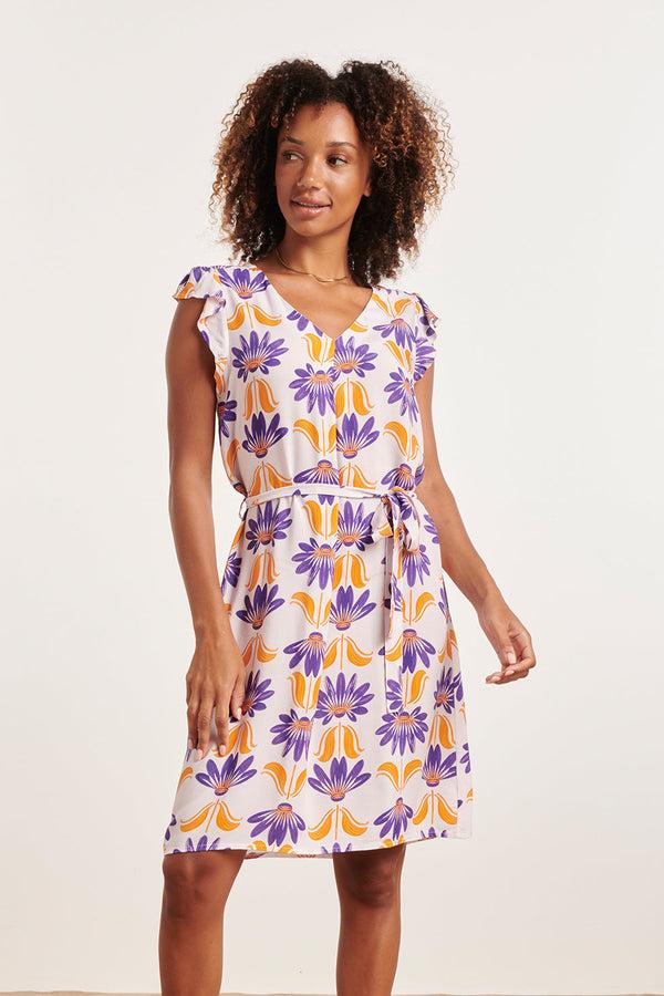 smashed lemon 24369 Dames Korte Te Jurk Met Ruchesallover Bloemenprintpaars | Off-White-Multicolour