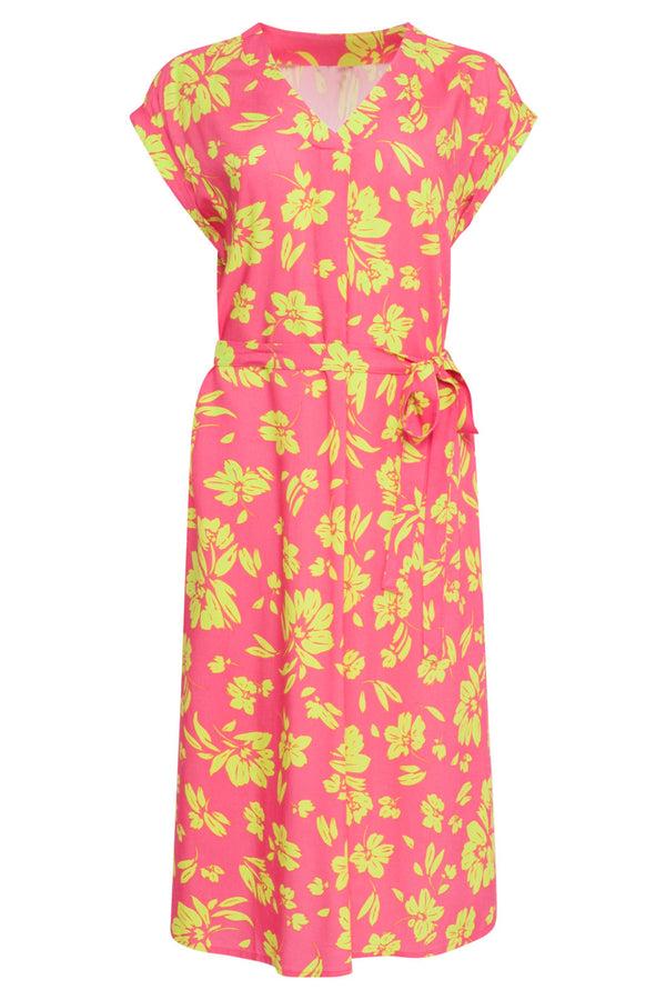 Smashed Lemon 24371 Dames Fuchsia Jurk Met Allover Lime Bloemenprint | Lime-Pink