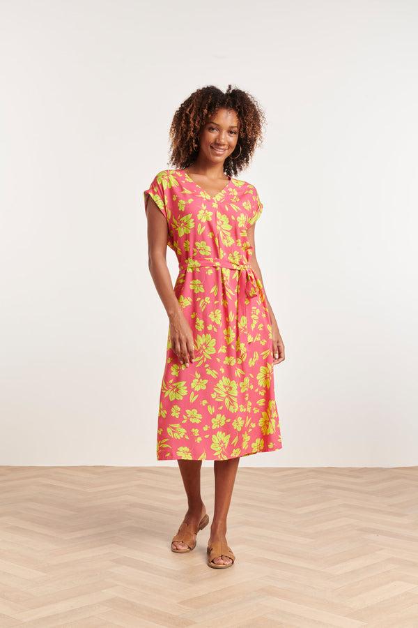 smashed lemon 24371 Dames Fuchsia Jurk Met Allover Lime Bloemenprint | Lime-Pink