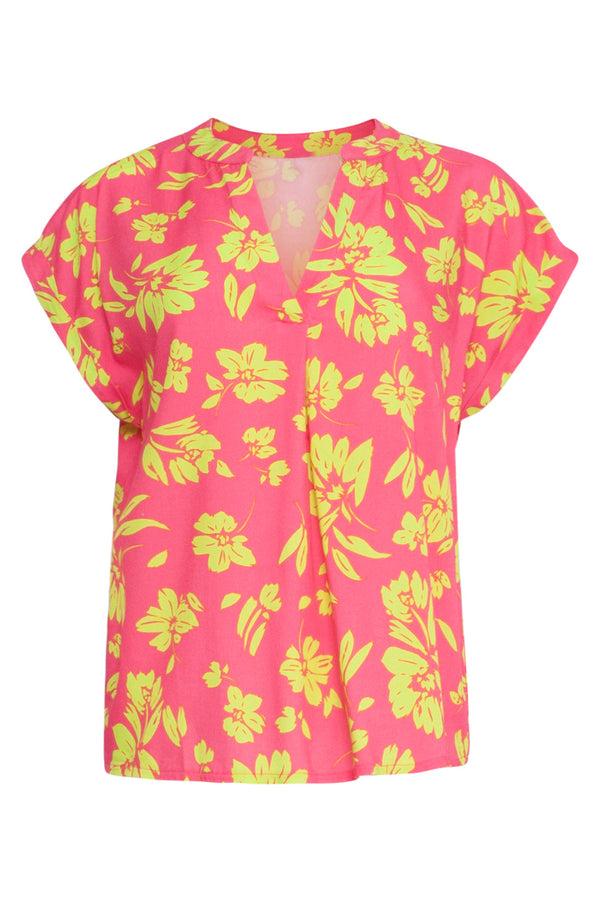 Smashed Lemon 24372 Dames Fuchsia Top Met Allover Lime Bloemenprint | Lime-Pink