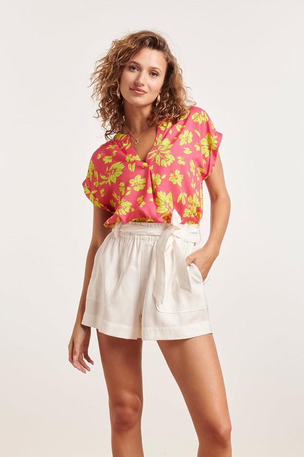 smashed lemon 24372 Dames Fuchsia Top Met Allover Lime Bloemenprint | Lime-Pink