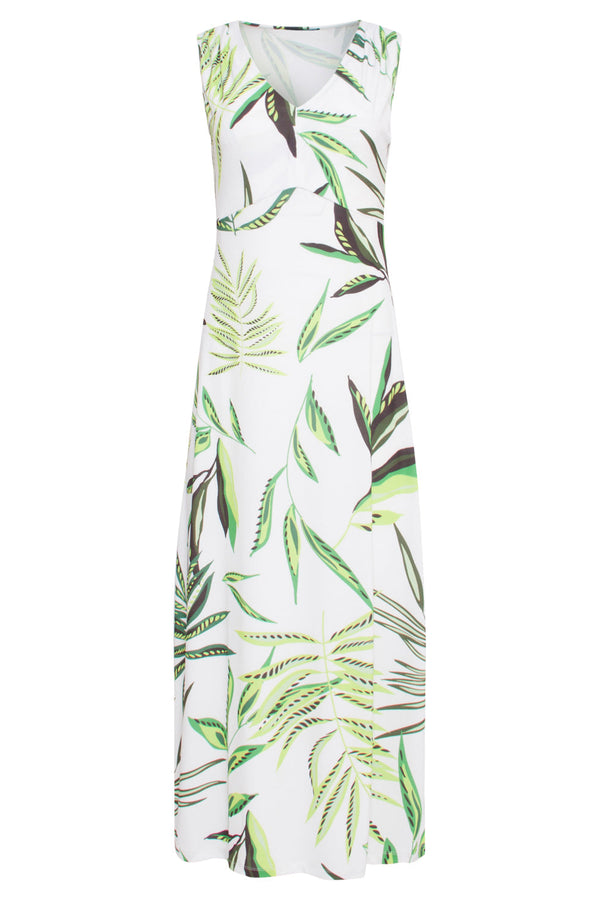Smashed Lemon 24373 Dames Maxi Jurk Zonder Mouwenallover Bladeren Print | Green-Off-White