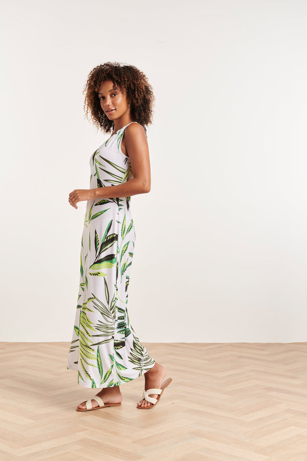 Smashed Lemon 24373 Dames Maxi Jurk Zonder Mouwenallover Bladeren Print | Green-Off-White