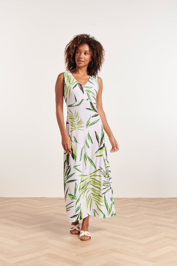 smashed lemon 24373 Dames Maxi Jurk Zonder Mouwenallover Bladeren Print | Green-Off-White