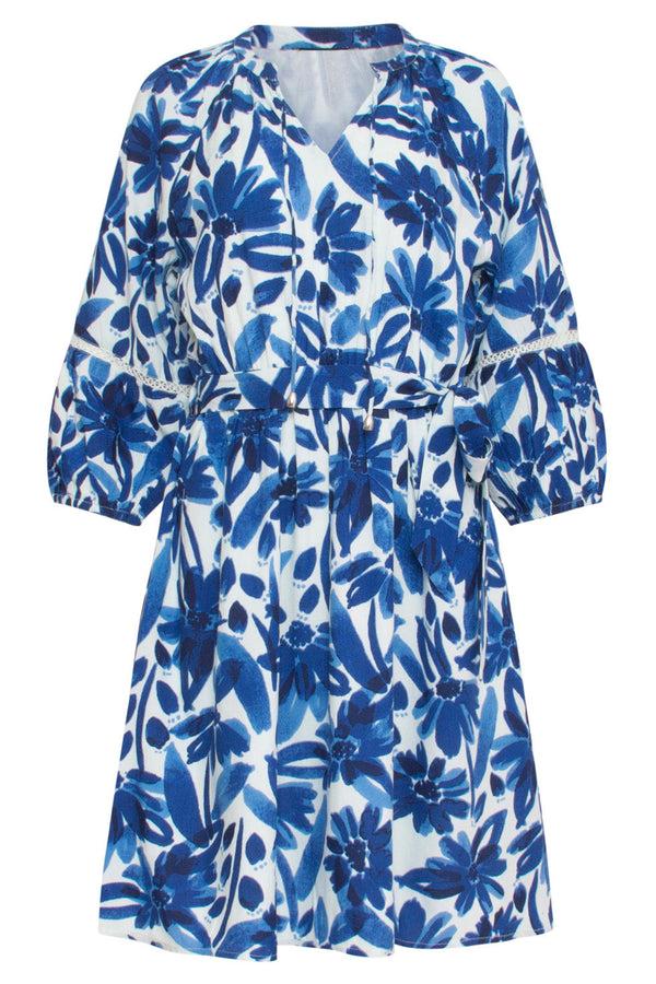 Smashed Lemon 24377 Dames Jurk Met Bloemenprintcrochet Detail | White-Blue