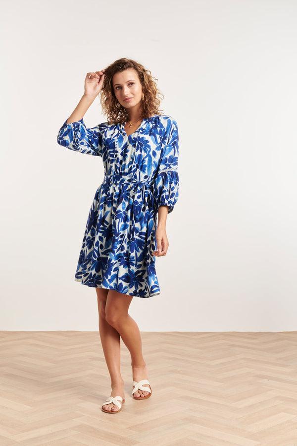 Smashed Lemon 24377 Dames Jurk Met Bloemenprintcrochet Detail | White-Blue