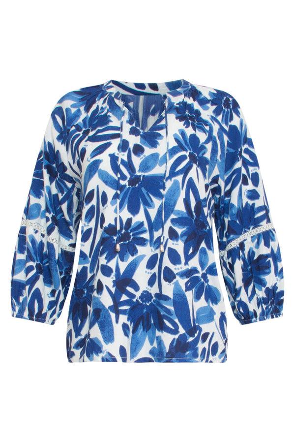 Smashed Lemon 24378 Dames Top Met Bloemenprintcrochet Detail | White-Blue