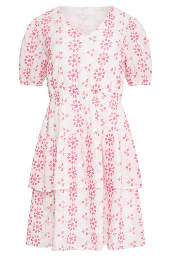 Smashed Lemon 24379 Dames Jurk Met Brie Anglaisfel | White-Fuchsia