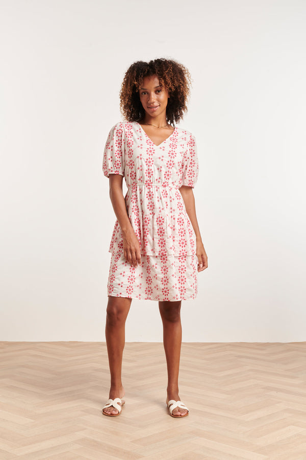 Smashed Lemon 24379 Dames Jurk Met Brie Anglaisfel | White-Fuchsia