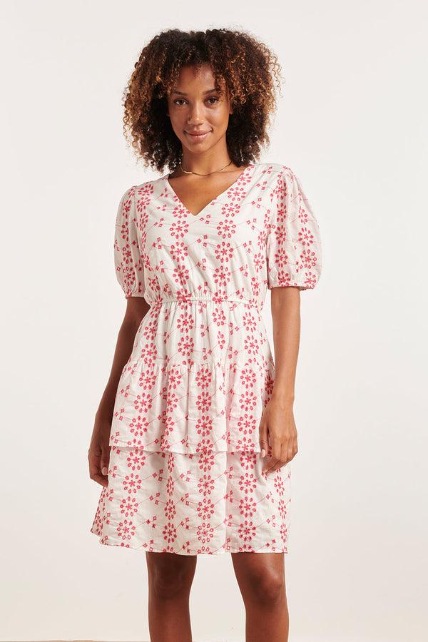 smashed lemon 24379 Dames Jurk Met Brie Anglaisfel | White-Fuchsia