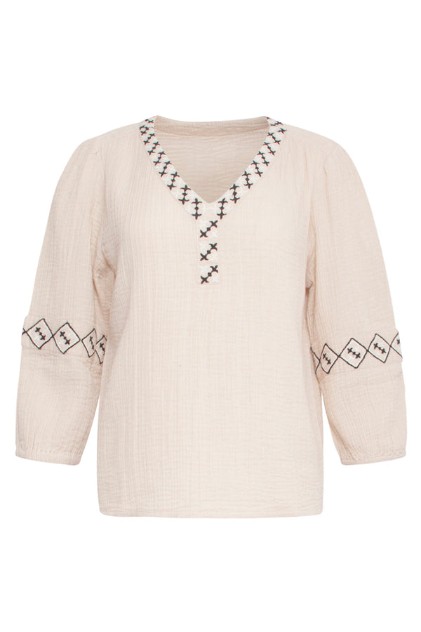 Smashed Lemon 24382 Dames Top Met Driekwart Mouwenazteekse Borduursels | Sand-Black