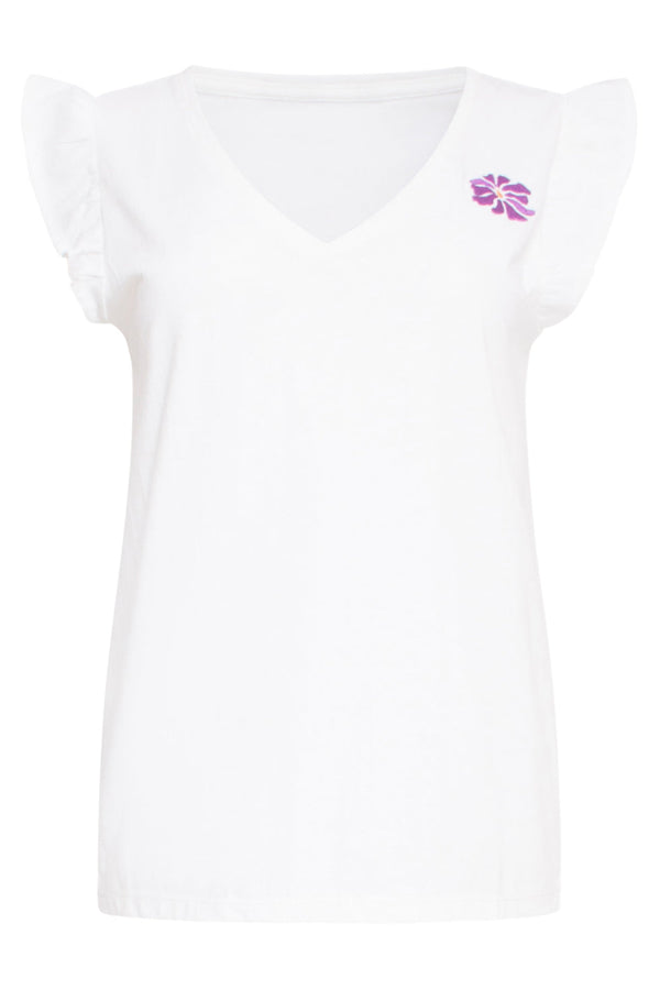 Smashed Lemon 24383 Dames T-Shirt Met Korte Mouwengeborduurde Paarse Bloem | White-Multicolour