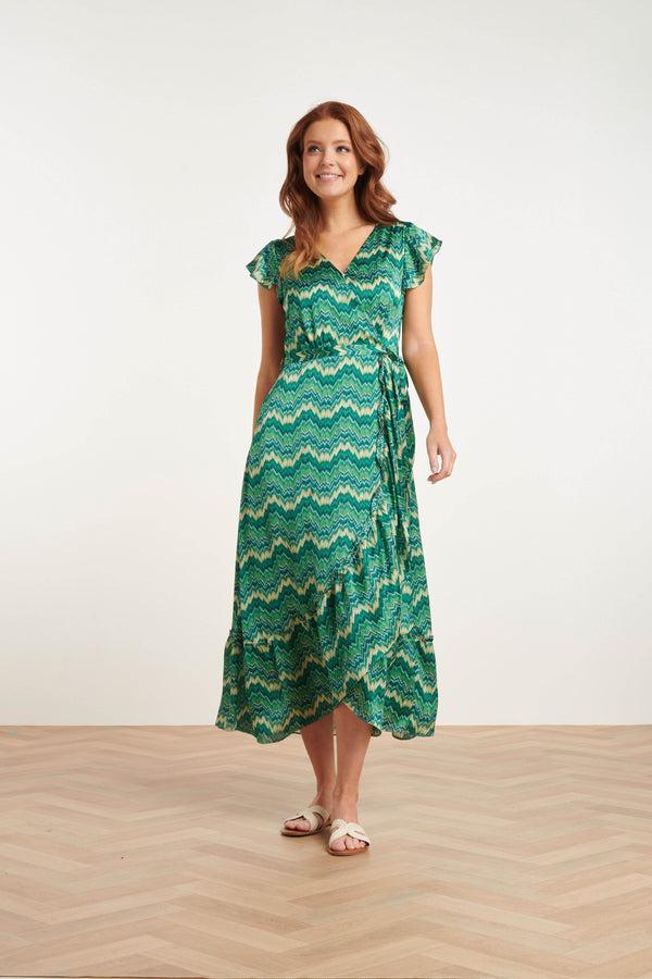 smashed lemon 24402 Satijnen Zomerjurk Met Abstracte Print | White-Green