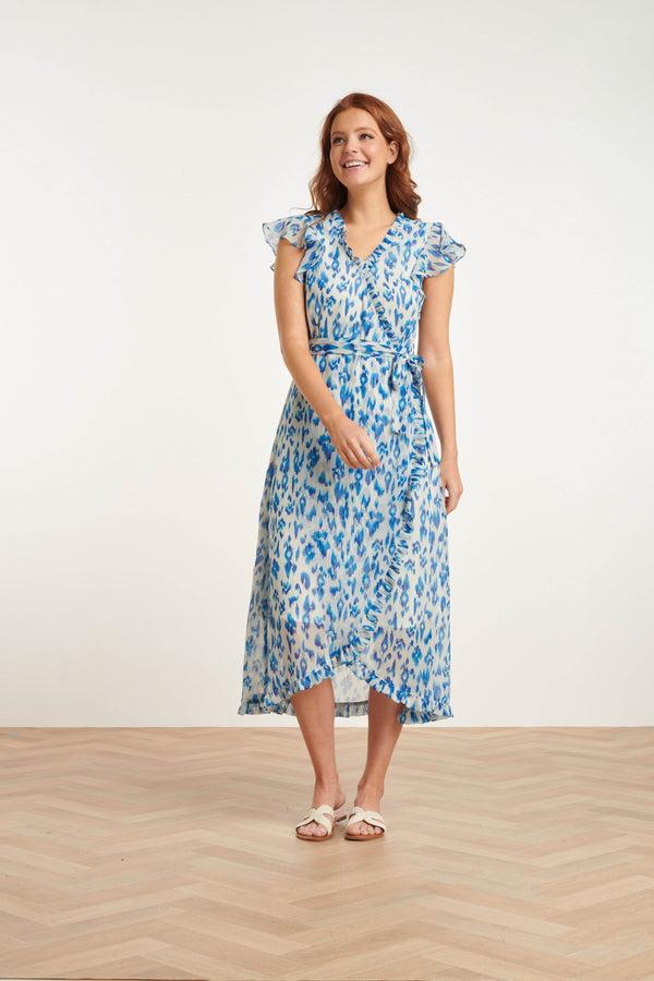 Smashed Lemon 24404 Licht Chiffon Zomerjurk Met Aztec Print | White-Blue