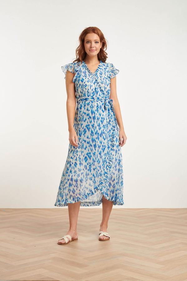 smashed lemon 24404 Licht Chiffon Zomerjurk Met Aztec Print | White-Blue