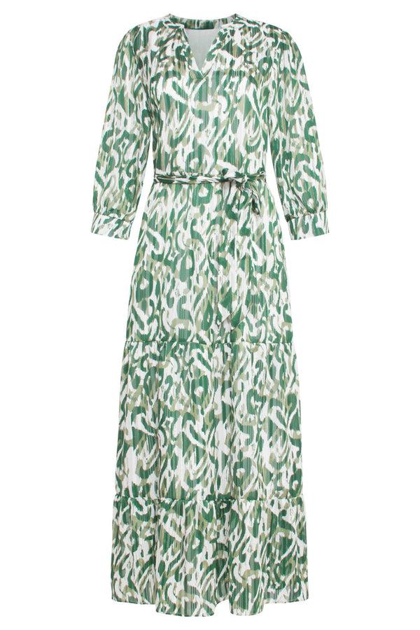 Smashed Lemon 24405 Satijnen Maxi Jurk Met Abstracte Print3/4 Mouwen | White-Green
