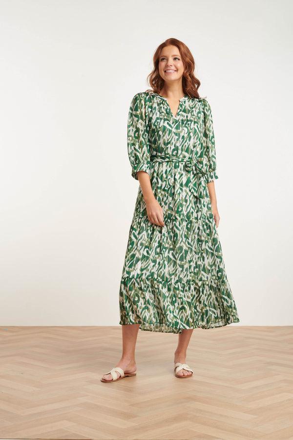 Smashed Lemon 24405 Satijnen Maxi Jurk Met Abstracte Print3/4 Mouwen | White-Green