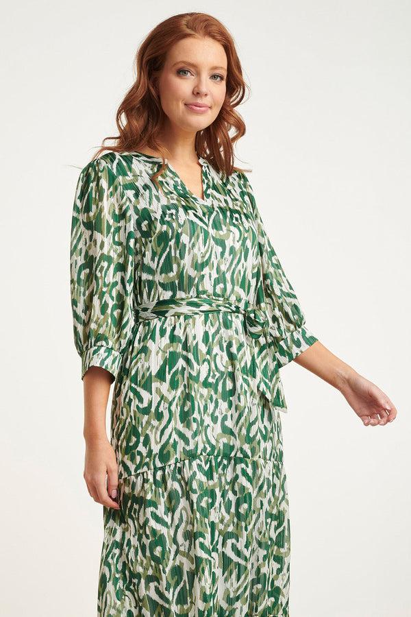 Smashed Lemon 24405 Satijnen Maxi Jurk Met Abstracte Print3/4 Mouwen | White-Green