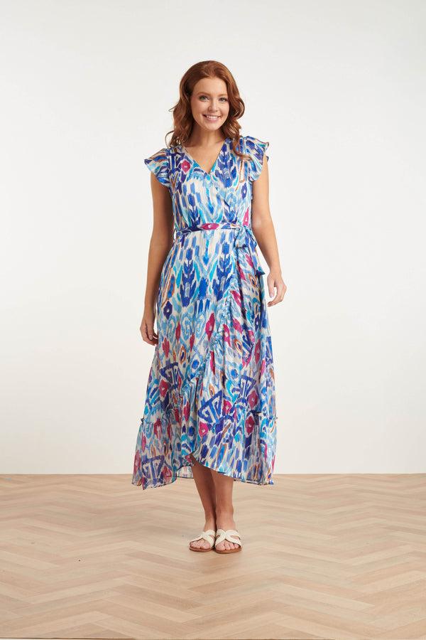 Smashed Lemon 24407 Chiffon Zomerjurk Met Azteekse Printruches | White-Cobalt Blue