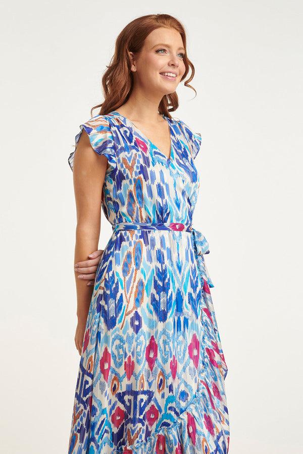 Smashed Lemon 24407 Chiffon Zomerjurk Met Azteekse Printruches | White-Cobalt Blue