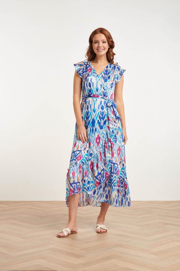 smashed lemon 24407 Chiffon Zomerjurk Met Azteekse Printruches | White-Cobalt Blue