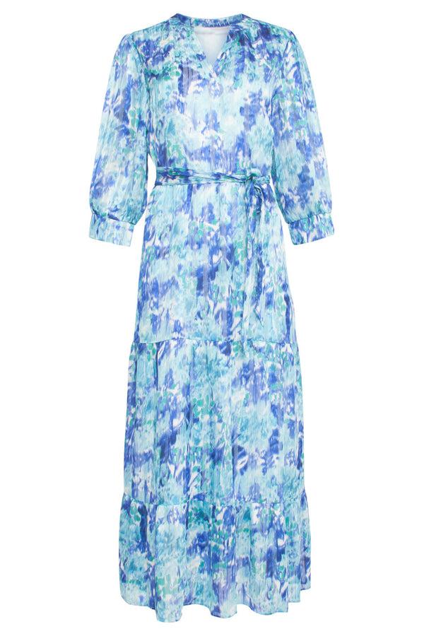 Smashed Lemon 24408 Satijnen Maxi Jurk Met Abstracte Print3/4 Mouwen | White-Cobalt Blue