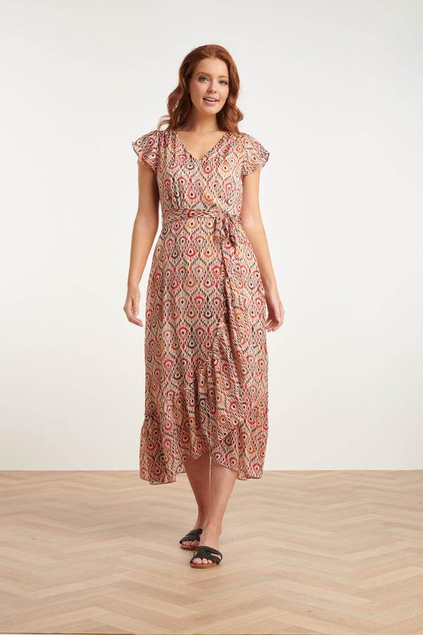 Smashed Lemon 24412 Aardetinten Satijnen Wrap Jurk Met Azteekse Print | Muticolour