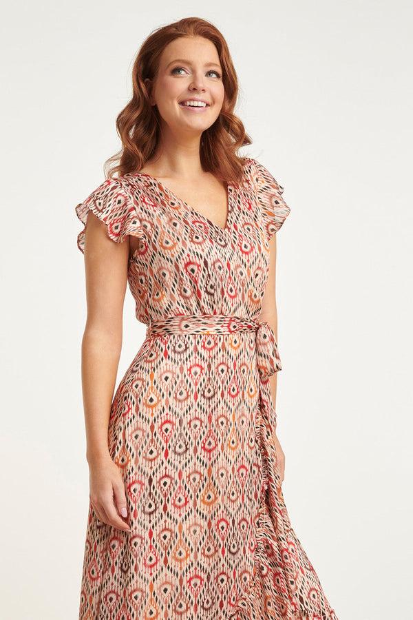 Smashed Lemon 24412 Aardetinten Satijnen Wrap Jurk Met Azteekse Print | Muticolour