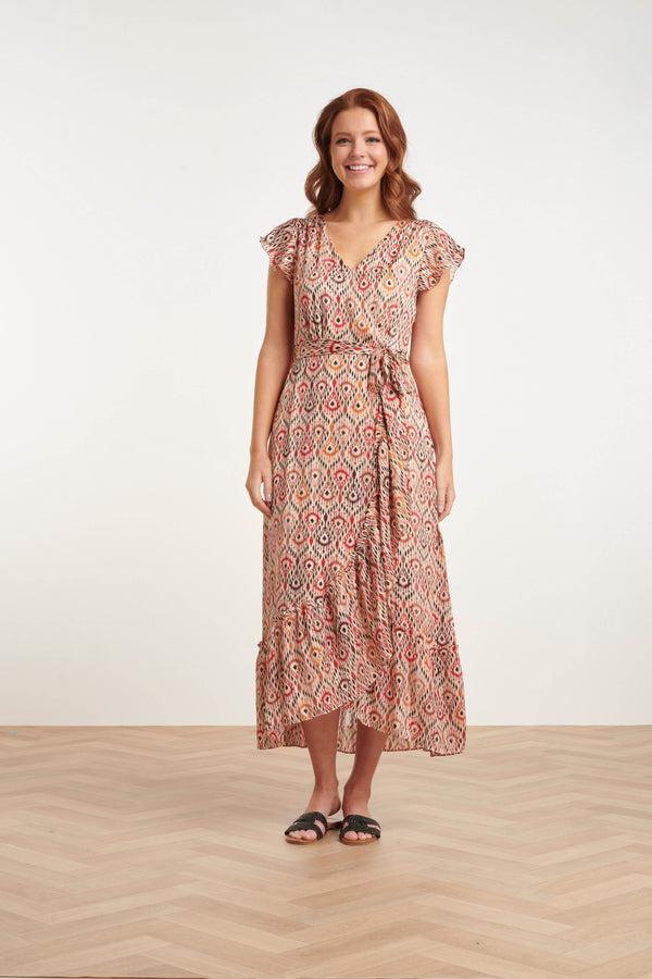 smashed lemon 24412 Aardetinten Satijnen Wrap Jurk Met Azteekse Print | Muticolour