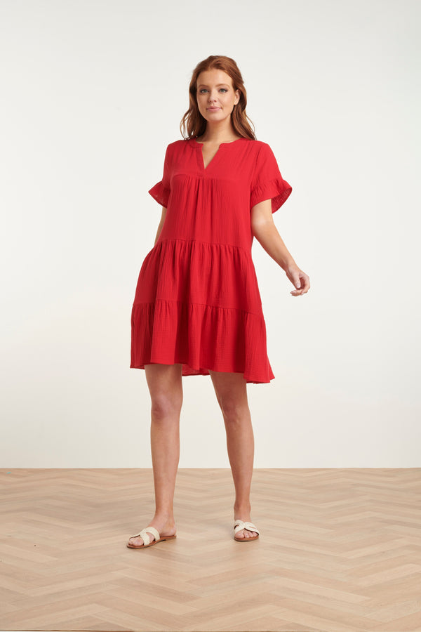 Smashed Lemon 24418 Fel Kort Zomerjurkje Met Ruches | Red