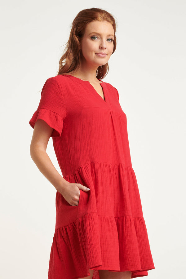 Smashed Lemon 24418 Fel Kort Zomerjurkje Met Ruches | Red