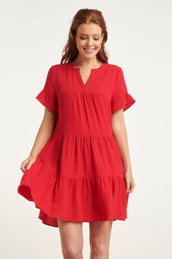 smashed lemon 24418 Fel Kort Zomerjurkje Met Ruches | Red