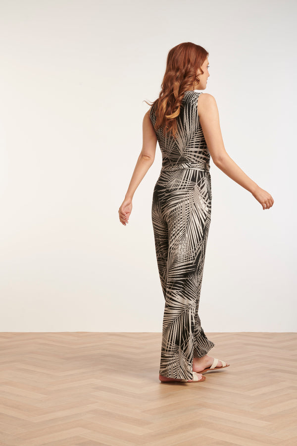 Smashed Lemon 24441 Zacht Stretchy Donkerbladig Jumpsuit | Black-White