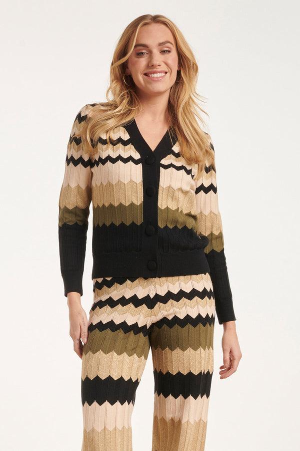 Smashed Lemon 24611 Neutrale Zig-Zag Gebreide Cardigan | Sand-Multicolour