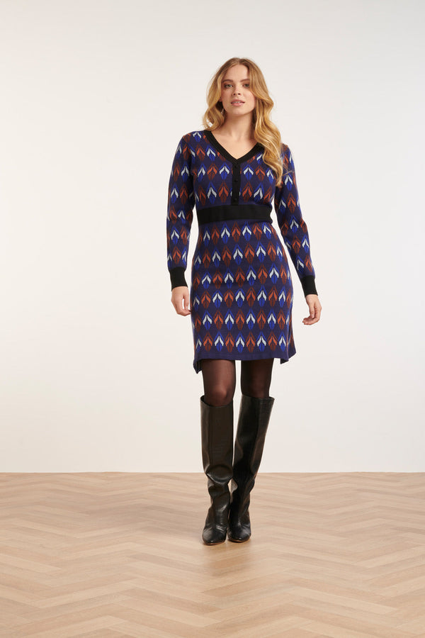 Smashed Lemon 24612 Gebreide Jurk Met Bladeren Print | Blue-Brown