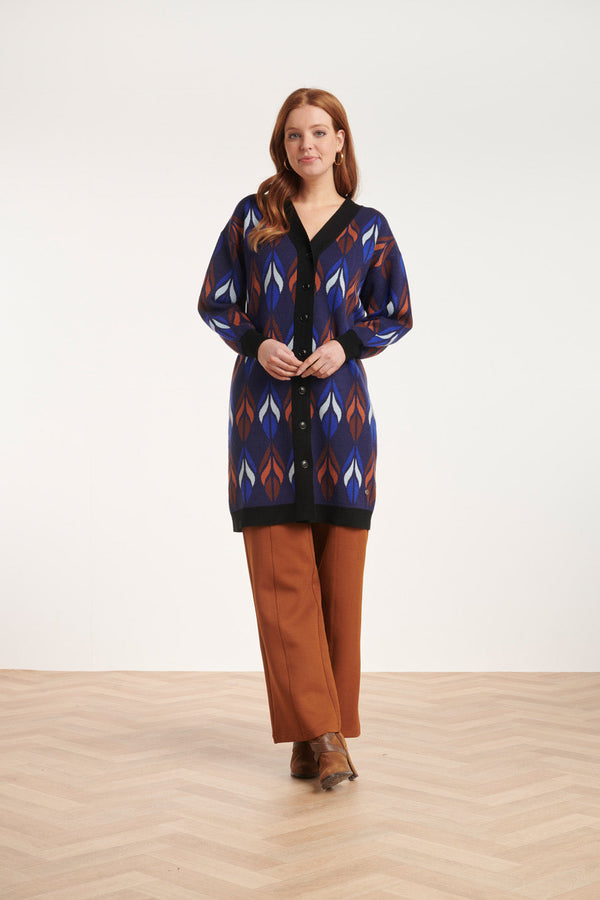 Smashed Lemon 24613 Gebreide Vest Met Bladeren Print | Blue-Brown